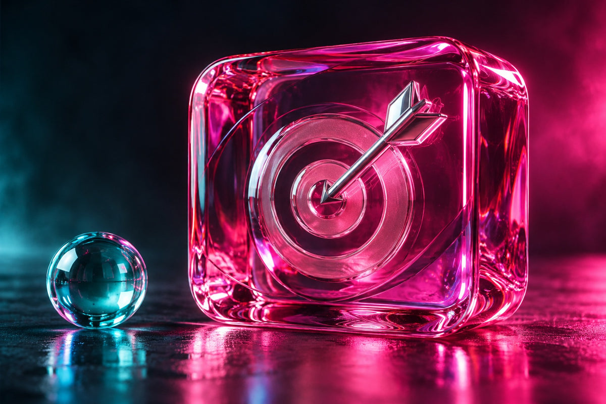 Pink crystal target cube with a polished arrow and turquoise glass sphere