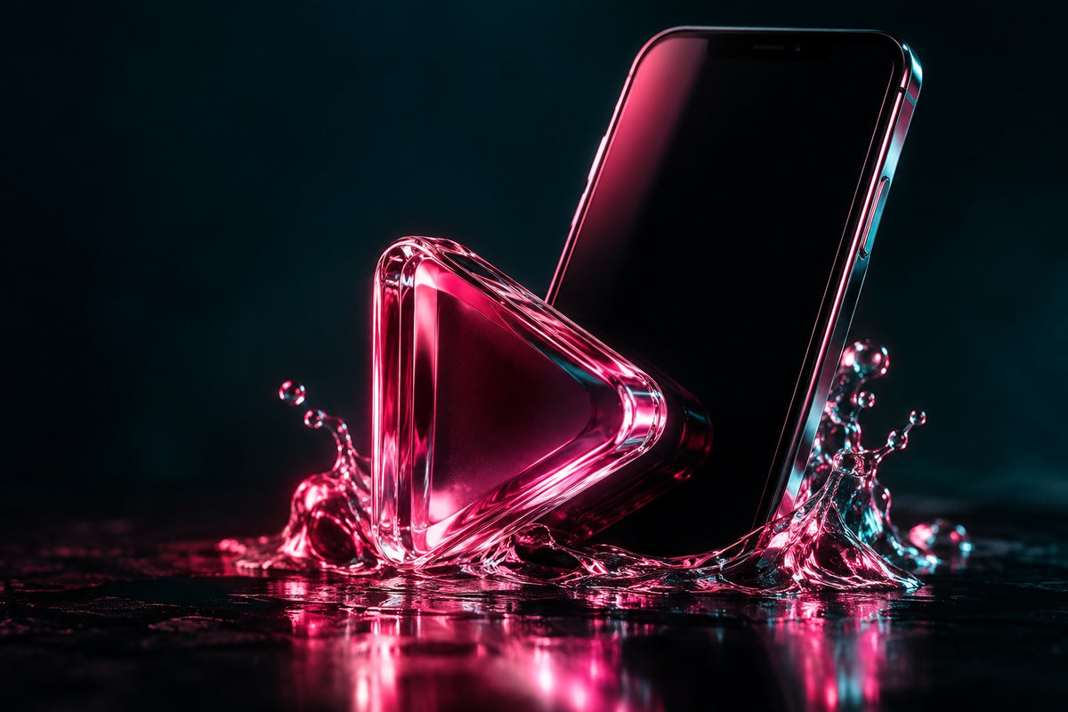 Glowing pink glass play symbol with a smartphone