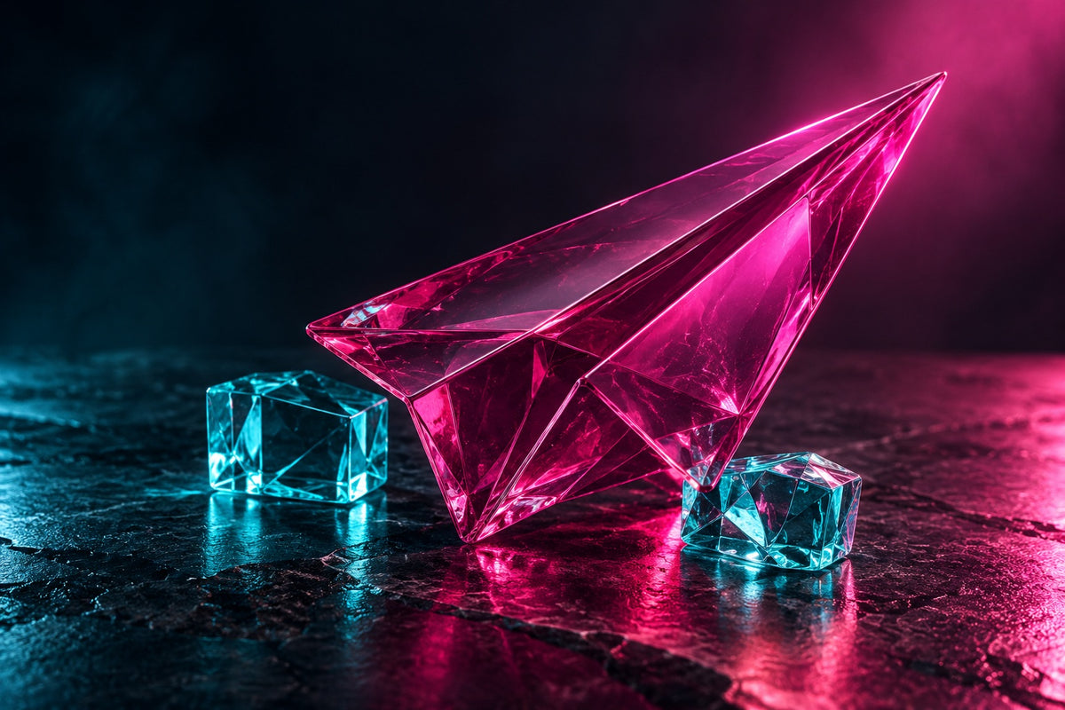Hot pink glass paper airplane with turquoise crystal blocks