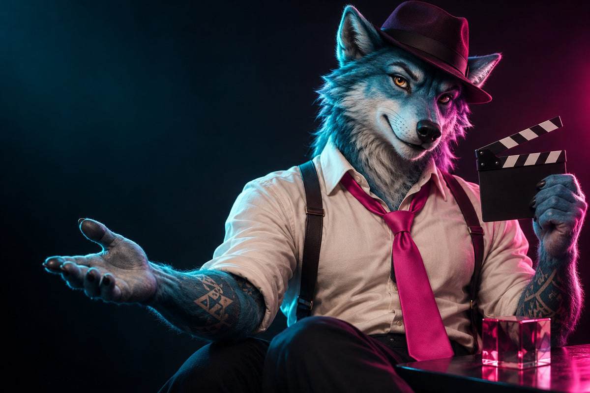 Turquoise creative-director mascot holding a film clapperboard under pink and cyan studio lighting