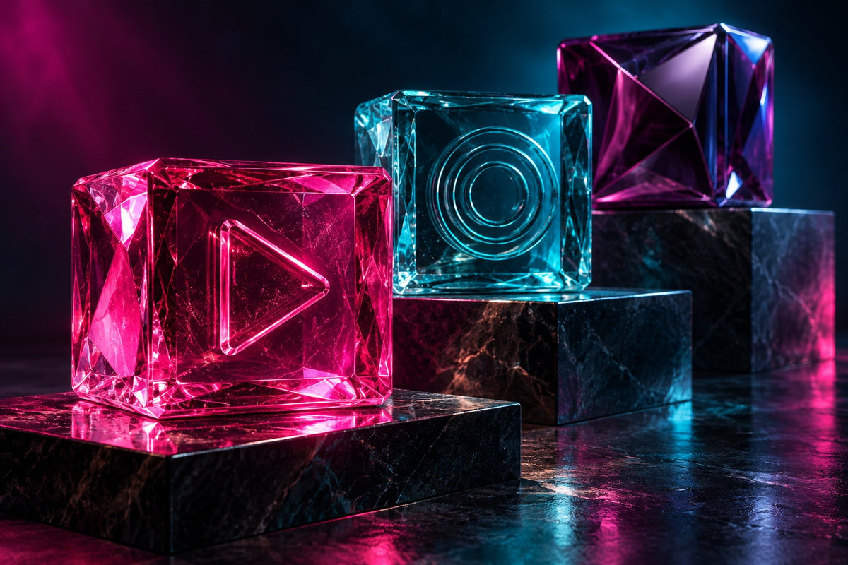 Three neon glass creative cubes on staggered dark pedestals