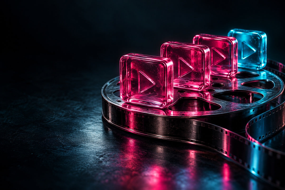 Pink and cyan glass play tiles arranged on a metal film reel