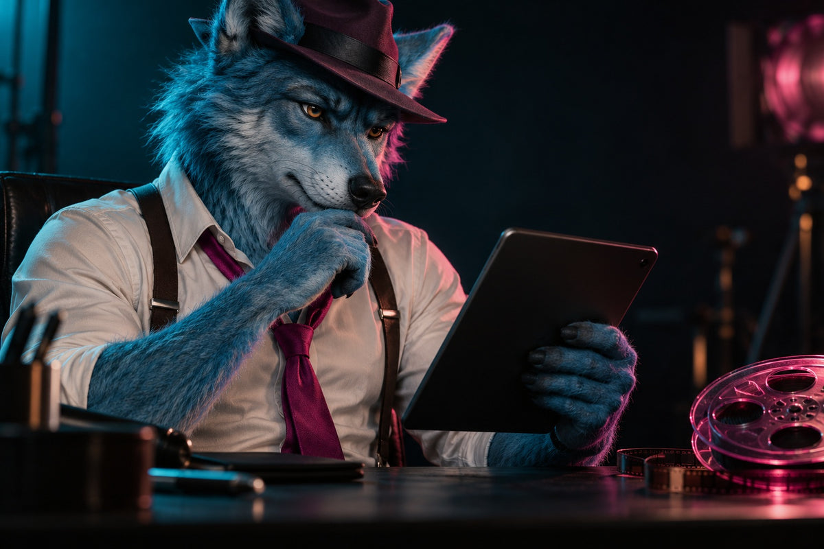 Creative-director mascot reviewing creative work on a tablet